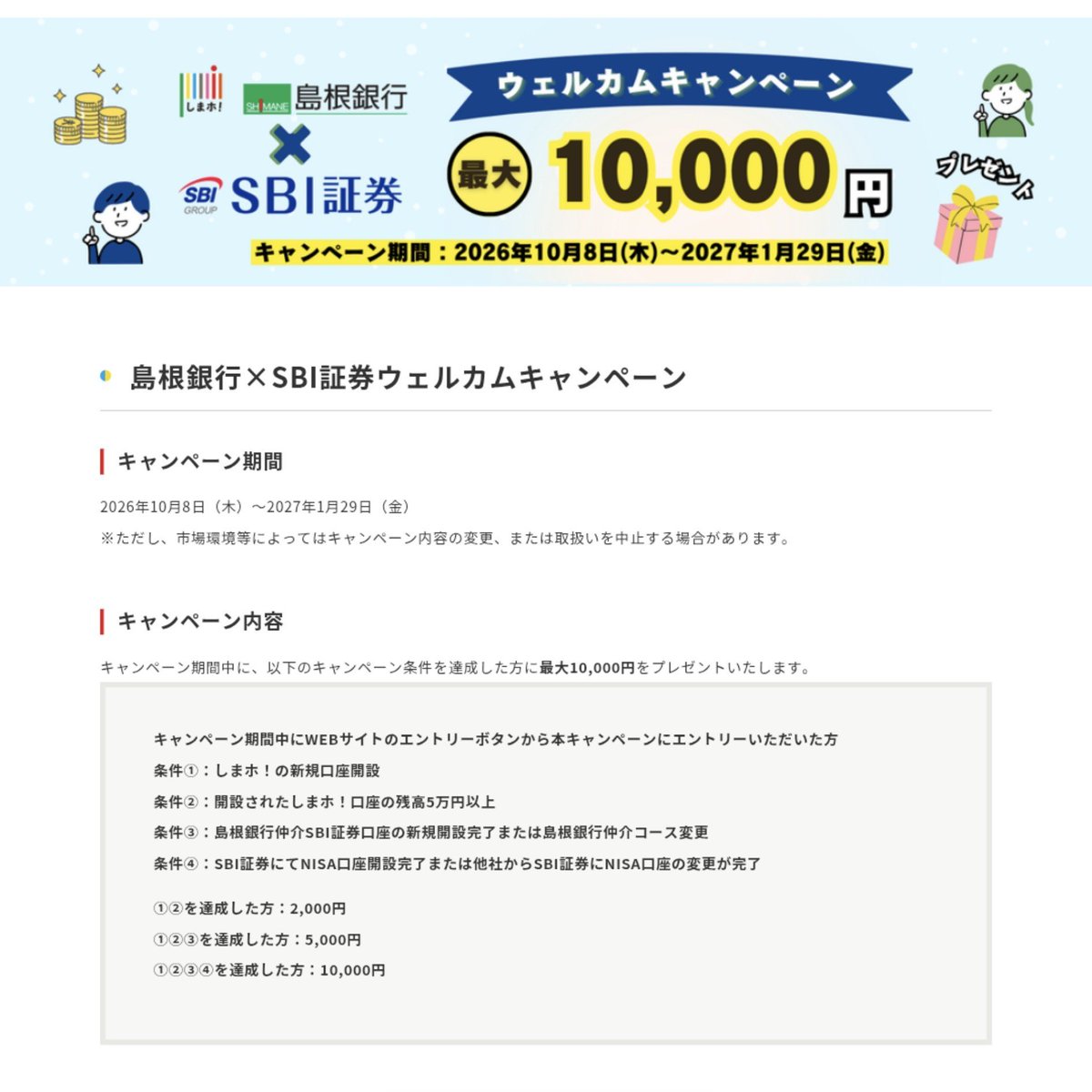 tanaka100p's tweet photo. 【PR】しまホ
新規口座開設で1500円
さらにSBI証券とのキャンペーン中で最大10,000円もらえます🙆🏻‍♂️

ポイントインカム紹介
https://t.co/p6NKrDnWnk

ウェルカムキャンペーン
①②開設＆残高5万円以上で2000円
③島根銀行の仲介口座に変更で3000円
https://t.co/pYkt2h6Wvp

①②は簡単。③は他の仲介口座の優遇やキャンペーンに参加してなければありかなと思います🤔