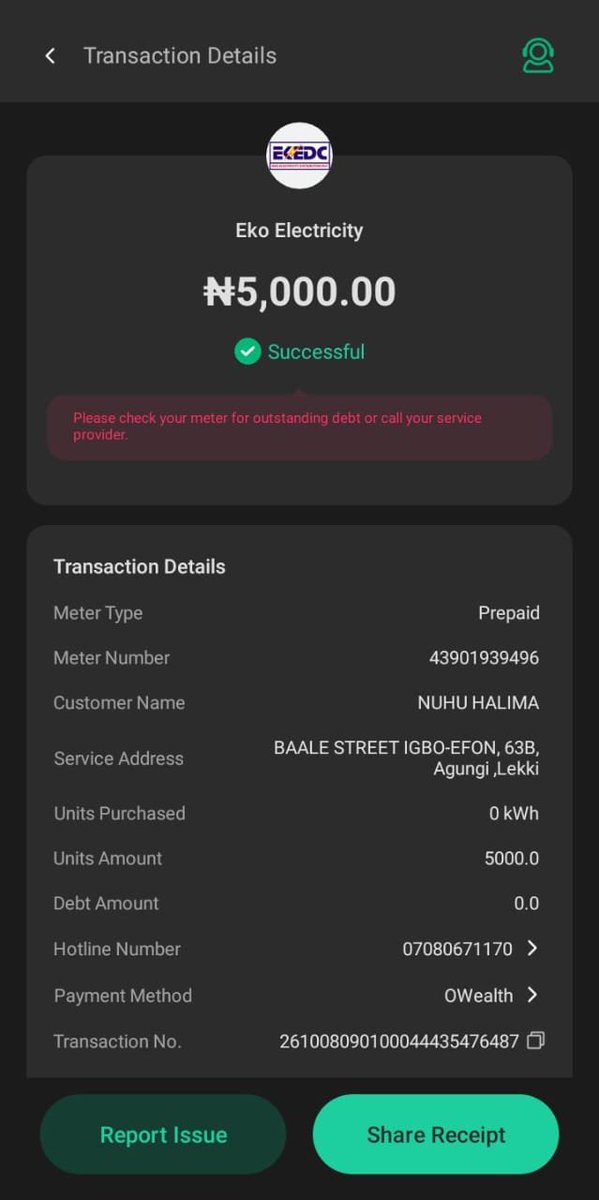 segzysegun's tweet photo. @EKOELECTRICITY I recharged within this period and the respond was there's a debt on our meter which it's not so. Kindly help generate token for the payment I did and didn't generate token. See the attached picture. Thank you
you. https://t.co/zwHZBBoFxF