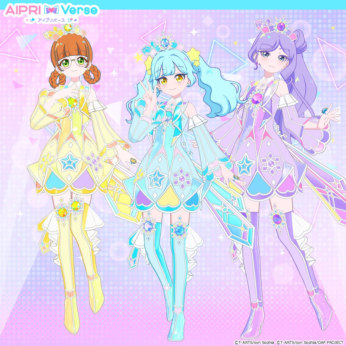 T_ARTS_PRETTY's tweet photo. 【プリねこ】
アニメ『 #おねがいアイプリ 』28話

あおいちゃん、おりびあちゃん、エマちゃんの
ピュアハートのライブ🩵💛💜

ダンスもコーデもとってもステキだったんだニャ～✨

ピュアハートの3人がライブで着ていたコーデは
#アイプリバース おねがい4だんに登場中なんだニャ💕

🩵「ピュアハートバズリウムブルー」
💛「ピュアハートバズリウムイエロー」
💜「ピュアハートバズリウムパープル」

くわしくはこちらをチェックするニャー✨
https://t.co/Rv2CCgLZwz

#アイプリ
