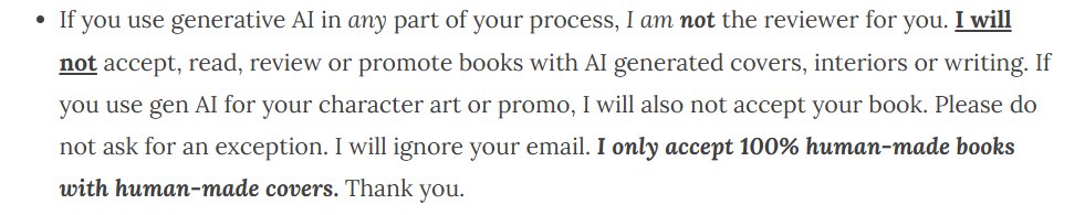 BookSpotlight's tweet photo. I have not one, not two, but THREE reminders of my hatred of gen AI on my policy/resources pages. Am I being too subtle here?????

IF YOU USE GEN AI, I DO NOT SUPPORT YOU. I DO NOT LIKE YOU. I WILL NOT PROMOTE YOU. GO. AWAY. I do this for free and you are not entitled to my time! https://t.co/Fzm6Sb48ZR