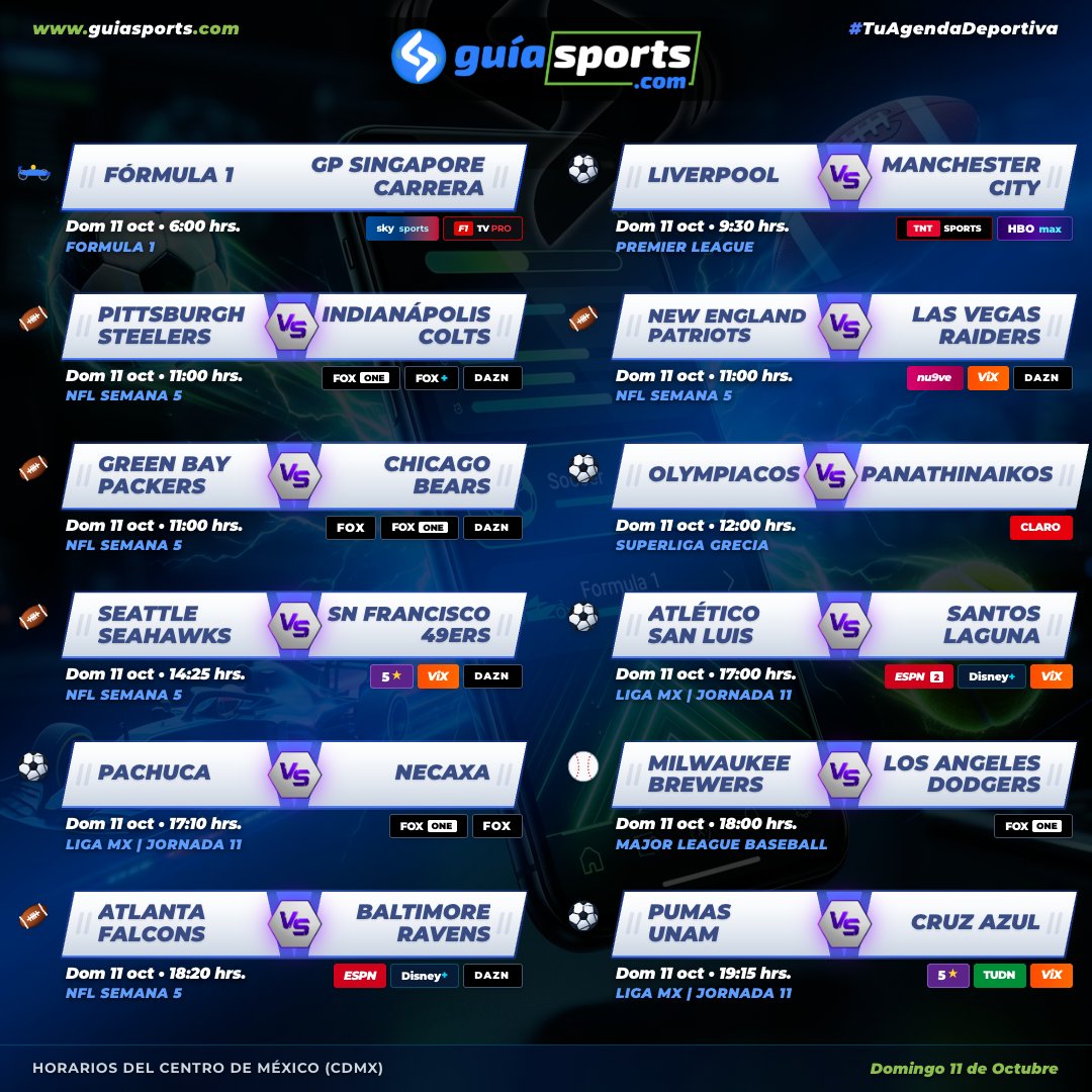 GuiaSportsMX's tweet photo. 🚨 DOMINGO | 📅 AGENDA!🔥🇲🇽

⚽️ Liverpool 🆚 Manchester City
🏈 Steelers 🆚 Colts
⚽️ Olympiacos 🆚 Panathinaikos
⚾️ Brewers 🆚 Dodgers
🏈 Falcons 🆚 Ravens
⚽️ Pumas 🆚 Cruz Azul

DÓNDE VER?📡
🌐 https://t.co/EtzXmrMdXa

#LigaMX #NFL #MLB #SuperligaGrecia #PremierLeague #F1 https://t.co/G45RSDOzxv