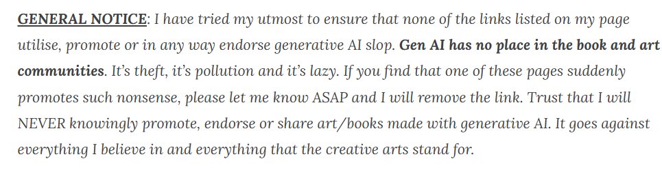 BookSpotlight's tweet photo. I have not one, not two, but THREE reminders of my hatred of gen AI on my policy/resources pages. Am I being too subtle here?????

IF YOU USE GEN AI, I DO NOT SUPPORT YOU. I DO NOT LIKE YOU. I WILL NOT PROMOTE YOU. GO. AWAY. I do this for free and you are not entitled to my time! https://t.co/Fzm6Sb48ZR