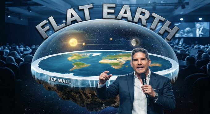 A flat earth conspiracy convention scene features a man in a suit speaking into a microphone while gesturing toward a diagram of a disc-shaped Earth labeled "FLAT EARTH" with an "ICE WALL" edge. The image humorously relates to the post by visualizing the kind of presentation one might reference when explaining the flat earth theory to a curious child.