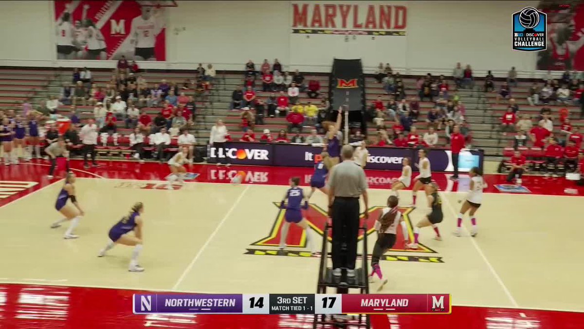 A college volleyball match between Northwestern and Maryland, with Maryland leading 17-14 in the 3rd set, match tied 1-1, played at a venue with 'MARYLAND' signage and Discover Bank advertisements.