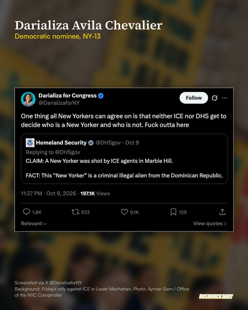 BushwickDaily's tweet photo. “One thing all New Yorkers can agree on is that neither ICE nor DHS get to decide who is a New Yorker and who is not. Fuck outta here,” NY-13 Democratic nominee Darializa Avila Chevalier wrote.

Mayor Mamdani and Brooklyn’s elected officials stand with Marble Hill. https://t.co/eBhO0ZuSr2