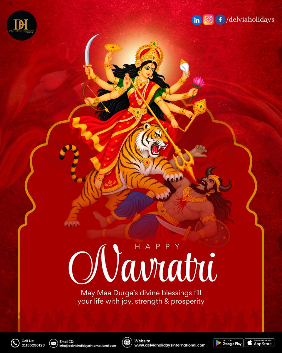 delviaholidays's tweet photo. Happy Navratri from Delvia Holidays International! 
May Maa Durga bless you and your family with happiness, strength, prosperity, and success.  May these nine auspicious nights fill your life with positivity, peace, and divine blessings.
Wishing you a joyful and blessed Navratri https://t.co/HtH4iPdtWq