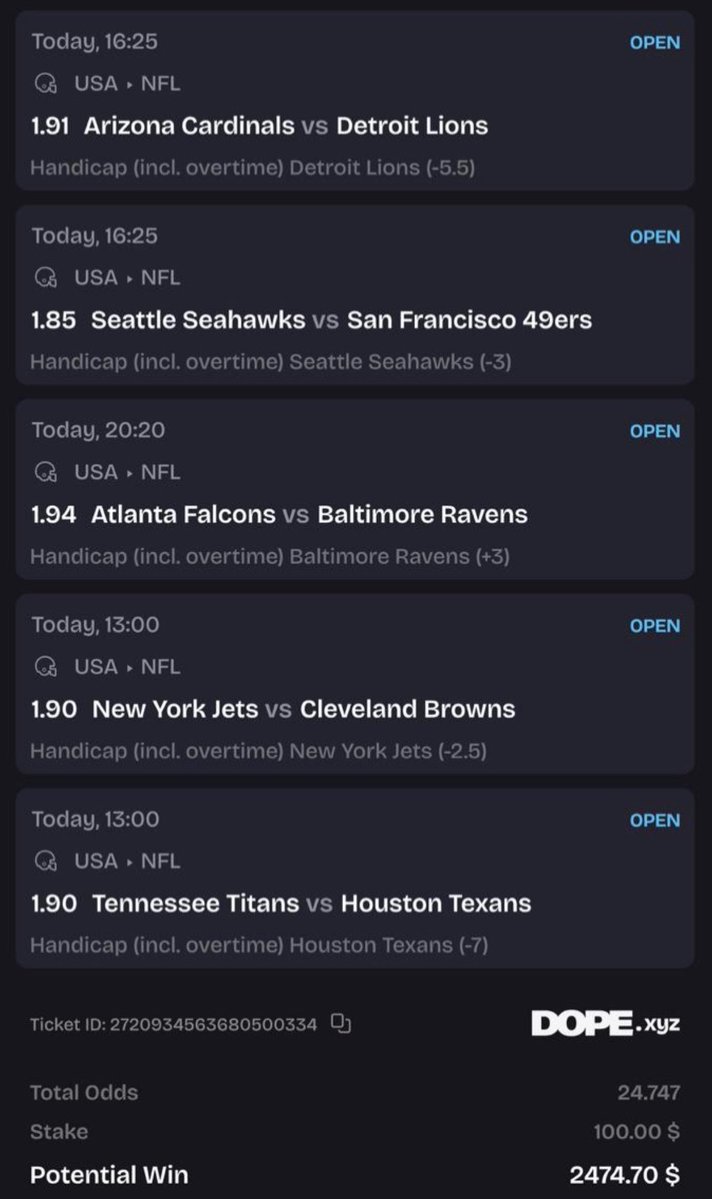 KimsPicks's tweet photo. NFL 5 Legger Parlay 🏈

Sponsored by @dopexyz 🎰

Sending $25 to 3 people who like this tweet if we cash this! https://t.co/hTc7gB67V9