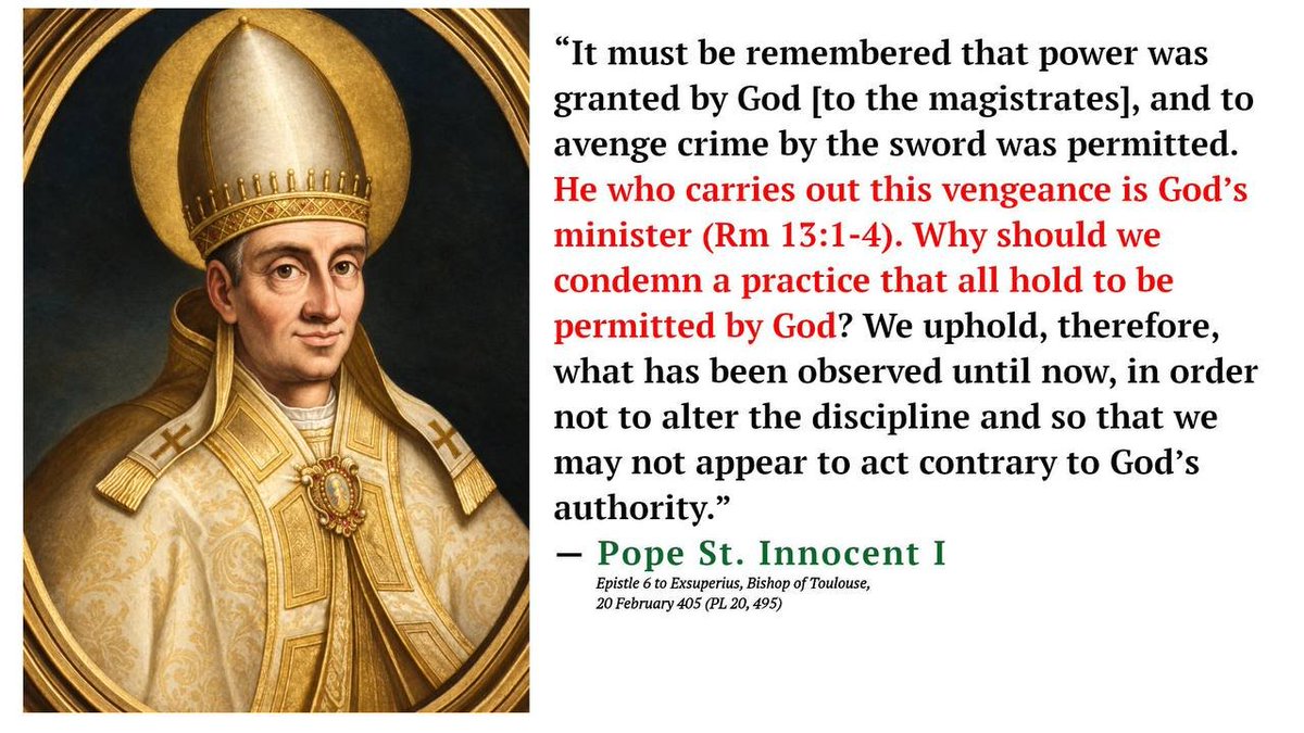 JustRaging01's tweet photo. The death penalty isn't just about the common good. It's a God-given right to deliver justice to victims and destroy evil. Pope Innocent III and St. Robert Bellarmine made it clear that opposing the death penalty is a heretical position for a Catholic to hold. https://t.co/wsybwydULN