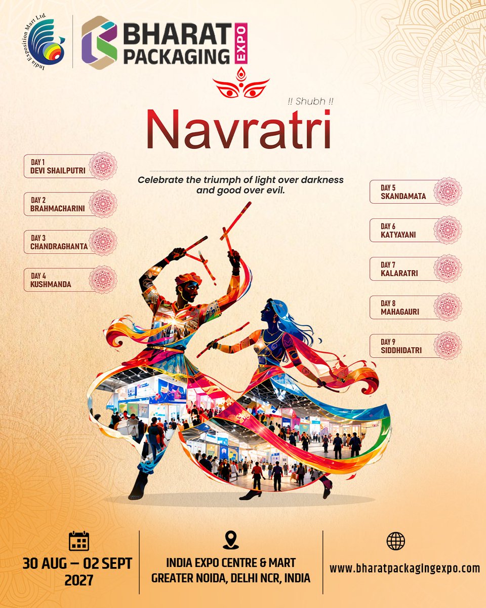 BharatPExpo's tweet photo. This #Navratri, #BharatPackagingExpo2027 celebrates the resilience and ingenuity shaping a safer, smarter and more sustainable #packaging future. May new beginnings bring fresh opportunities and continued growth. https://t.co/8xPafTCXTB