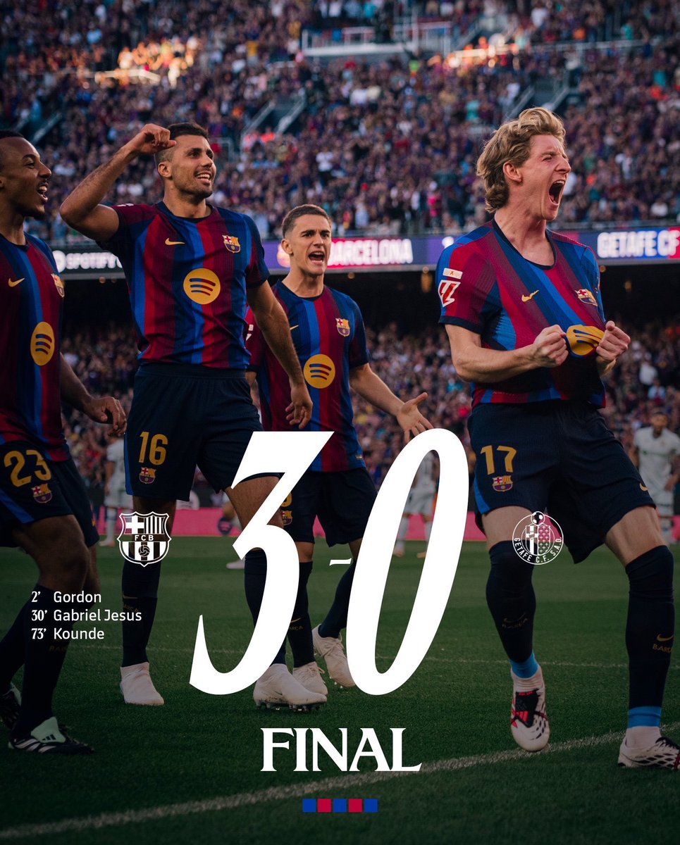 CuleVisionFC's tweet photo. Barcelona didn’t just dominate Getafe they manipulated their shape. 🚨🧠🔵🔴

Getafe arrived at Camp Nou in a rigid 5-4-1 low block. Hansi Flick’s response was pure positional art:

Dani Olmo constantly popped up in half-spaces between the lines, dragging central defenders out.

Xavi Espart inverted into the pivot zone for a central numerical overload (+1).

Jules Koundé held wide width on the overlap, stretching Getafe’s 5-man backline.

Immediate counter-press won the ball back in 3 seconds, keeping them suffocated.

Lesson: Off-ball positional movement creates space before the final pass. Reproducing this against elite UCL sides makes us unstoppable! ☕️🍿