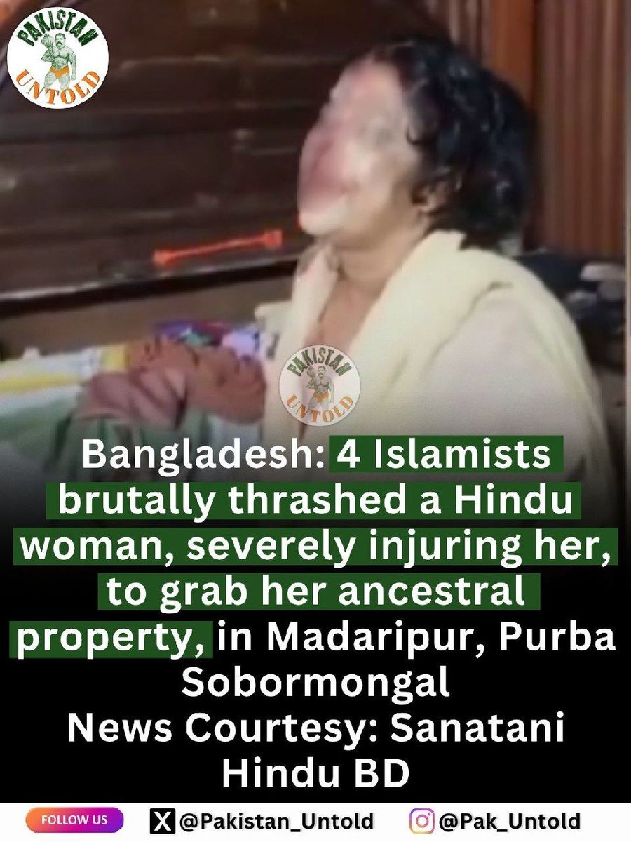 pakistan_untold's tweet photo. Bangladeshi Hindu woman brutally thrashed and gravely injured by Islamists for refusing to give up her ancestral property. 

In 1971, Hindu soldiers of the Indian Army fought to protect Bangladeshi women. Today, a Hindu woman in Bangladesh is brutally thrashed and gravely injured by Islamists for refusing to give up her ancestral property. 

Follow @SanataniHinduBD for more