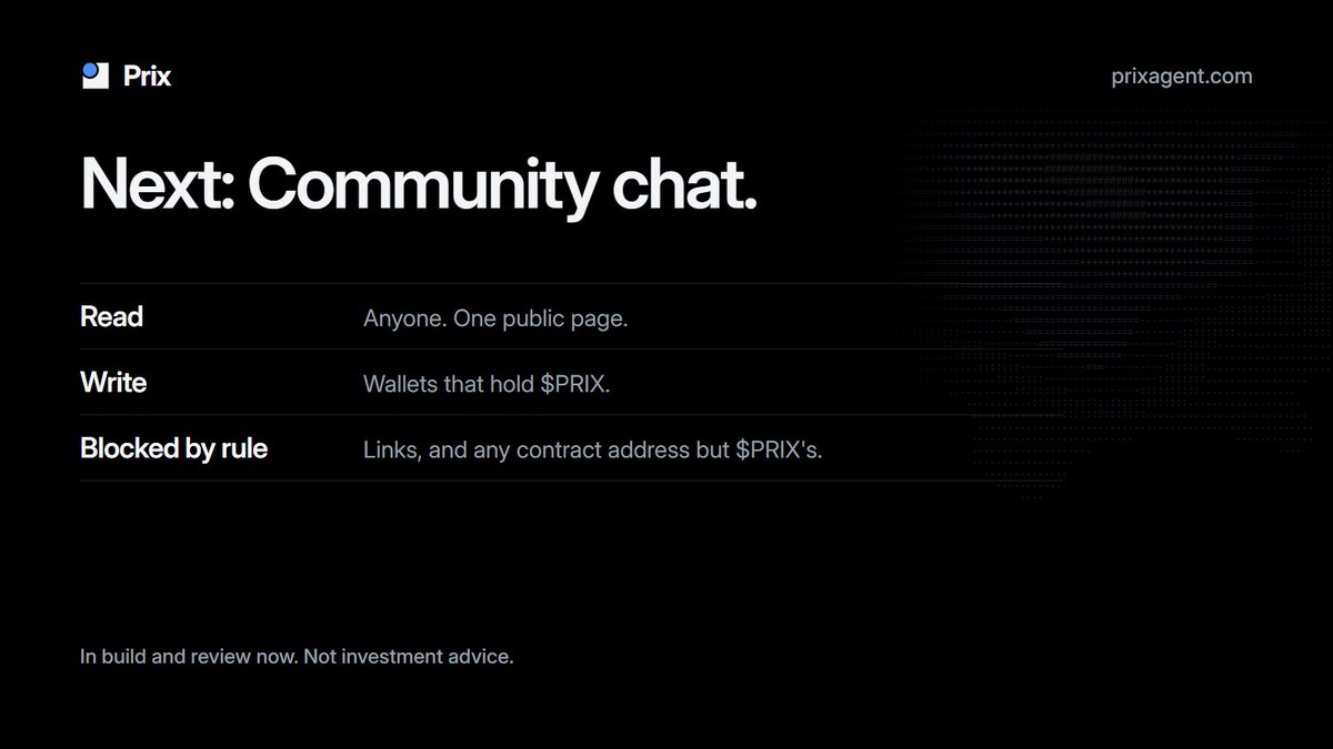 PrixagentHQ's tweet photo. Next on Prix: Community chat.

One public page where users talk to each other. Anyone reads, $PRIX holders write.

Links and any contract address but $PRIX's are blocked by rule.

In build and review now. https://t.co/E9bz7XRVLx