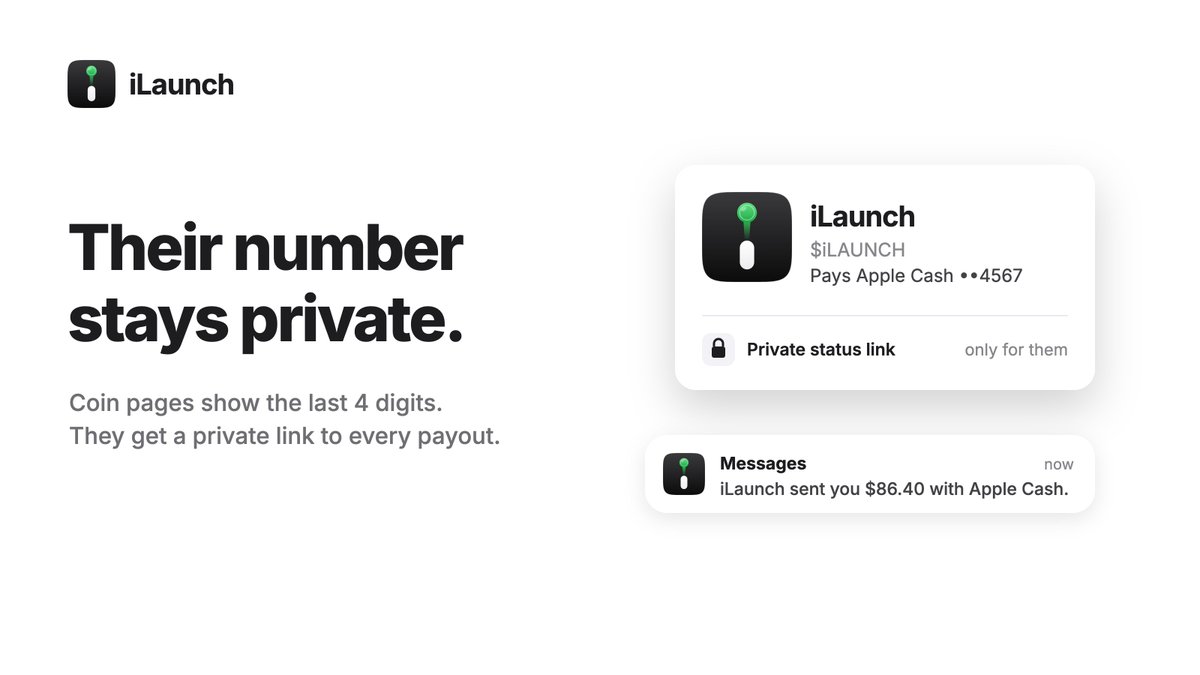 iLaunchSOL's tweet photo. Their number stays private.

Coin pages only show the last 4 digits. The person gets a private link that tracks every fee and every payout. https://t.co/QiPZ1moitg