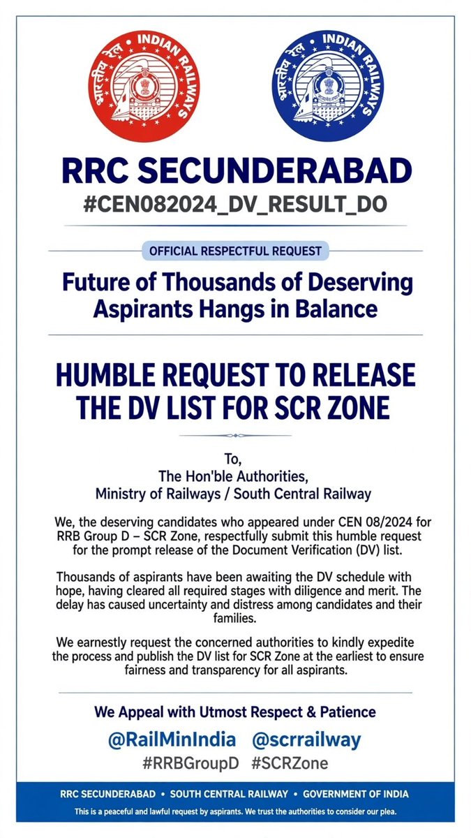 AlankaSai's tweet photo. #CEN082024_DV_RESULT_DO 
Please Release Results and DV List of RRB CEN08/2024  RRC Secunderabad Zone as soon as possible @SCRailwayIndia 
#RRCSecunderabad #SouthCentralRailway #SCR
@AshwiniVaishnaw @Q_ResponseSCR @gmscrailway @GMSRailway @drmhyb @drmsecunderabad @RailMinIndia https://t.co/72q5A0xgj6