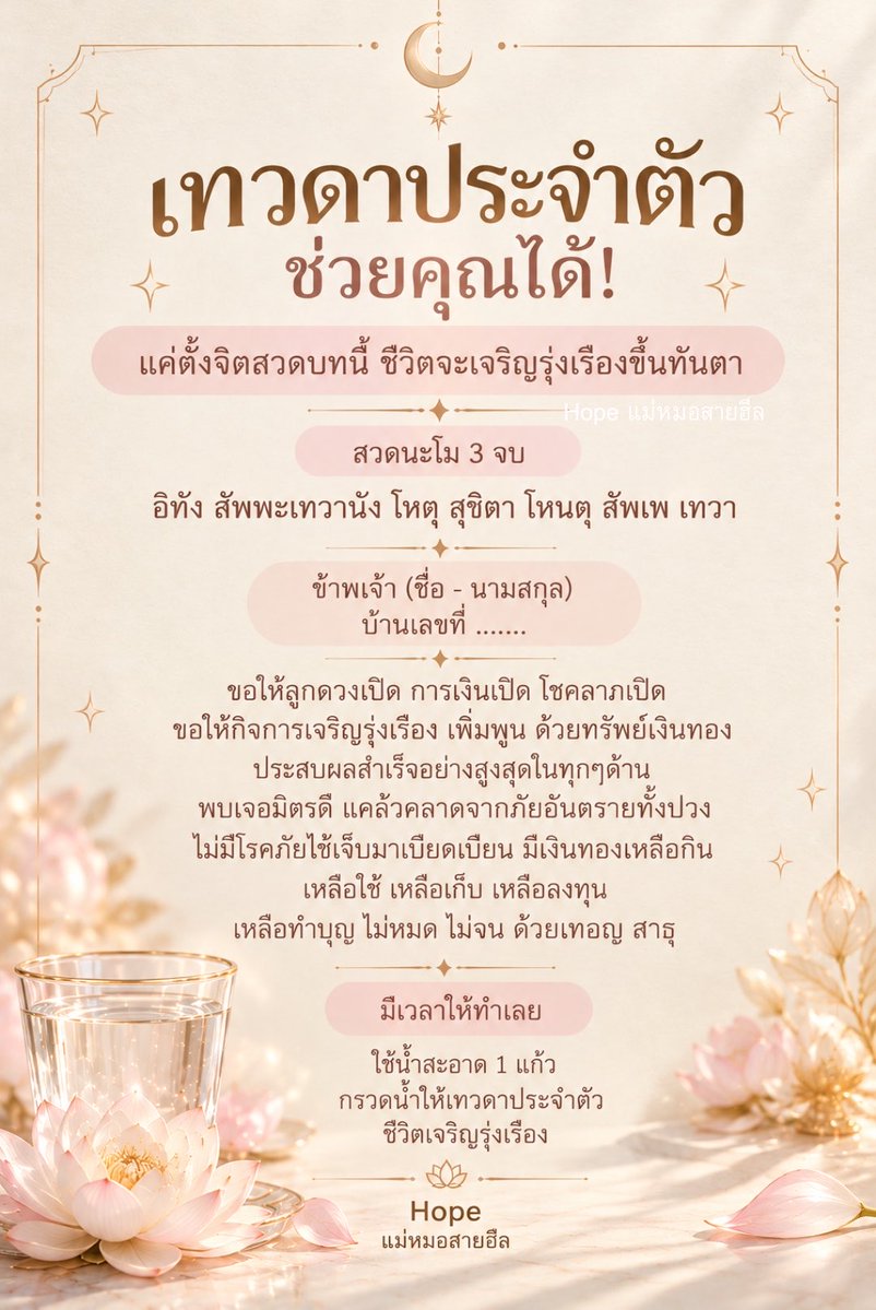 klamsd22's tweet photo. ✨ เทวดาประจำตัวช่วยคุณได้

มีเวลาสักนิด ลองตั้งจิตสวดบทนี้ ขอให้ชีวิตเปิดทาง การเงินคล่องตัว โชคลาภเข้ามา กิจการรุ่งเรือง และแคล้วคลาดจากภัยทั้งปวง 🤍

เตรียมน้ำสะอาด 1 แก้ว ตั้งจิตอธิษฐาน แล้วกรวดน้ำให้เทวดาประจำตัว

ขอให้ทุกคนพบเจอแต่สิ่งดี ๆ สาธุ 🙏🏻

#แม่หมอสายฮีล #บทสวดเสริมดวง #รับพลังบวก #เทวดาประจำตัว