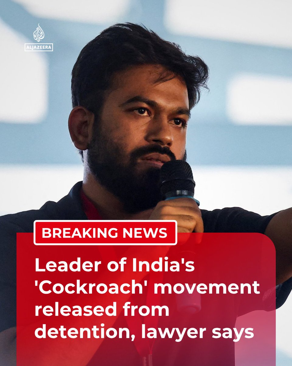 AJEnglish's tweet photo. BREAKING: New Delhi court orders the release of "Cockroach" movement founder Abhijeet Dipke along two other senior leaders, their lawyer says, a day after they were detained ahead of planned protests.

🔴 More on https://t.co/MbrRGkFKRg https://t.co/GuAVoKZTf9