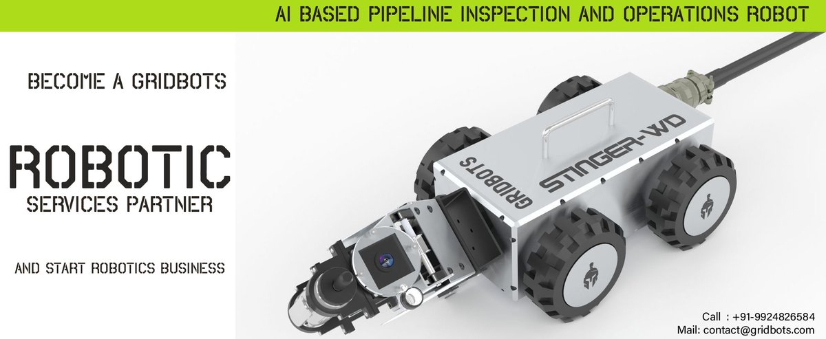 Gridbots's tweet photo. This Navratri - Start a new Robotics Services Business backed by Gridbots.
Gridbots Water/Sewer pipeline Inspection robotic solution with AI to identify blockages ,leakages, foreign material and report real time for municipal orgs.

More info :https://t.co/UVSHXvgXkd https://t.co/dS2vqW8kNj