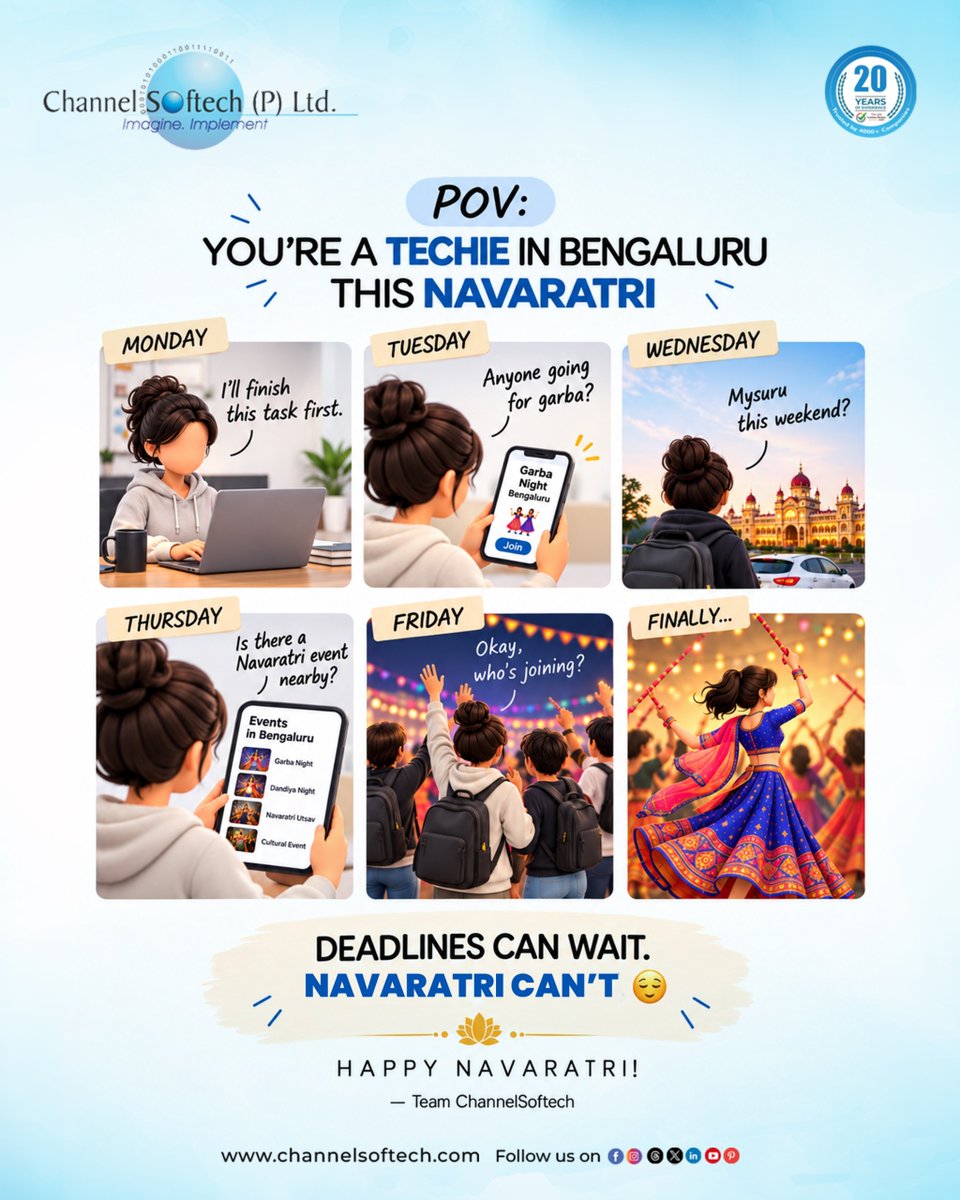 channelsoftech's tweet photo. POV: You’re a techie in Bengaluru during Navaratri. 😄💻
Monday: “I’ll finish this task first.”
By Wednesday: “Mysuru this weekend?”
By Friday: “Okay, who’s joining?” 💃🕺

Because deadlines can wait… Navaratri can’t! 

#happynavaratri #navaratri #bengaluru #teamchannelsOftech https://t.co/vCLhKmY0qu
