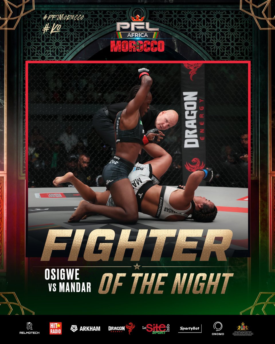 PFLAfrica's tweet photo. FIGHTER OF THE NIGHT!

Total dominance on the canvas!

Jane Osigwe battled her way through difficult positions and enemy territory against Sanaa Mandar, showcasing composure and pure determination inside the Cage to earn Fighter of the Night honors in Casablanca!

#PFLMorocco | Mohammed V Complex | PFL Africa