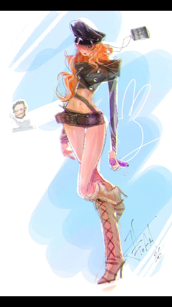 A digital illustration of a stylish anime-style woman with orange hair, wearing a black hat, cropped jacket, and tall boots, with a small cartoon man peeking out from the left side of the artwork.