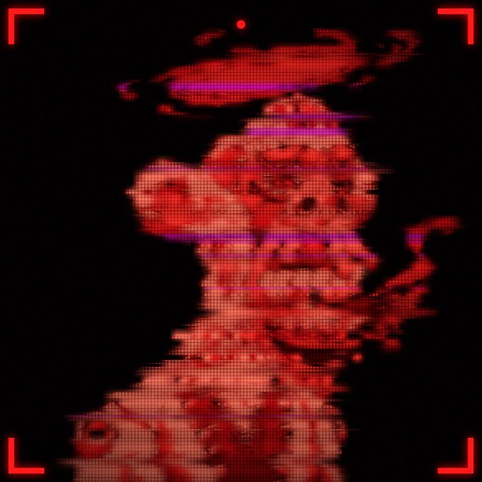 A red, glitchy, pixelated digital illustration of a figure with a mushroom-cloud shape at its head, framed by red corner brackets.