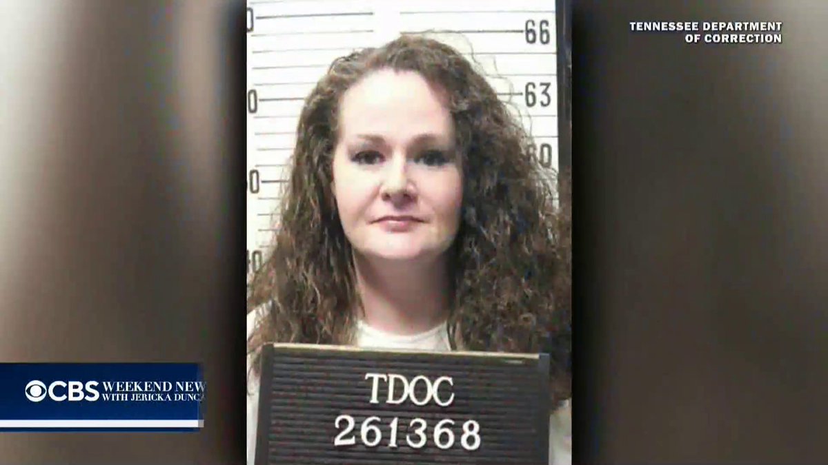A mugshot from the Tennessee Department of Correction showing a woman with curly brown hair holding a 'TDOC 261368' identification board, featured on a CBS Weekend News broadcast with anchor Jericka Duncan.