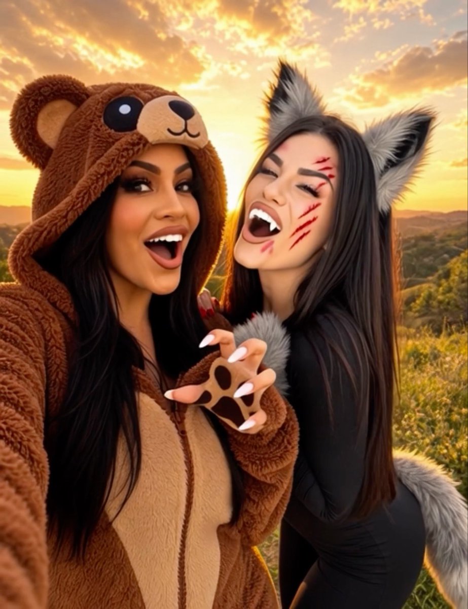 Two women pose playfully in a field at sunset, one dressed in a brown teddy bear costume with bear paw gloves and the other in a black cat outfit with furry ears, whiskers, and red scratch-like face paint, both laughing and flashing "claw" hand gestures. The costumes match the post's Halloween theme, teasing the upcoming spooky season live event.