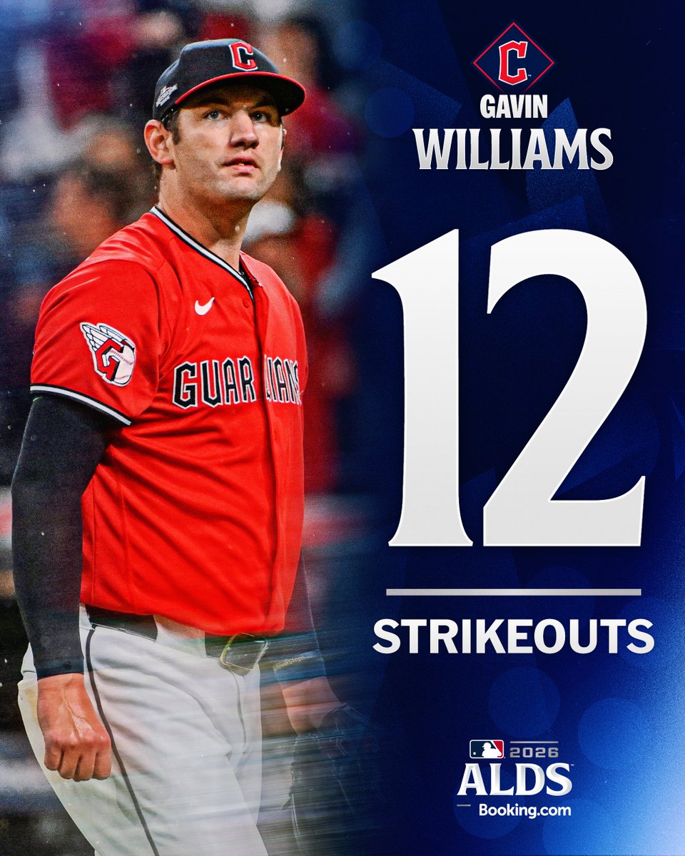 MLB's tweet photo. Gavin Williams ties the @CleGuardians record for strikeouts in a #Postseason game! https://t.co/q3ZvMHIAGr
