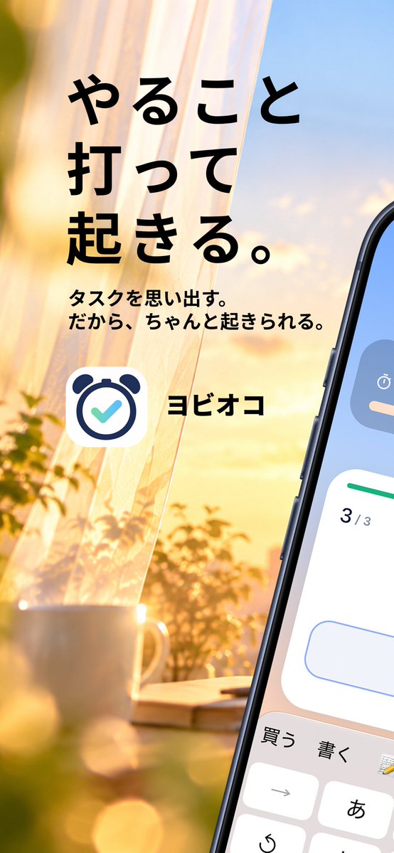 hugbit_jp's tweet photo. みなさん、おはようございます！☀️

今日も気持ちよく起きられましたか？⏰

朝が苦手な人や、ついつい二度寝してしまう人に使ってほしい目覚ましアプリ
「ヨビオコ」を開発しました！✨

📝 今日やることを打たないと止まらないアラーム
🔔 5秒間入力を止めると、また鳴り出す！
✅ ToDoリストで毎日のタスクも管理
📊 朝の頑張りをスコアや16タイプで記録

ただ起きるだけじゃなく、今日やることを整理して1日をスタートできるアプリです！

iPhone・Android対応、基本無料です📱

ぜひ使ってみてください！🙌
https://t.co/LLLaRTD05d

#個人開発 #目覚ましアプリ #朝活 #アプリ