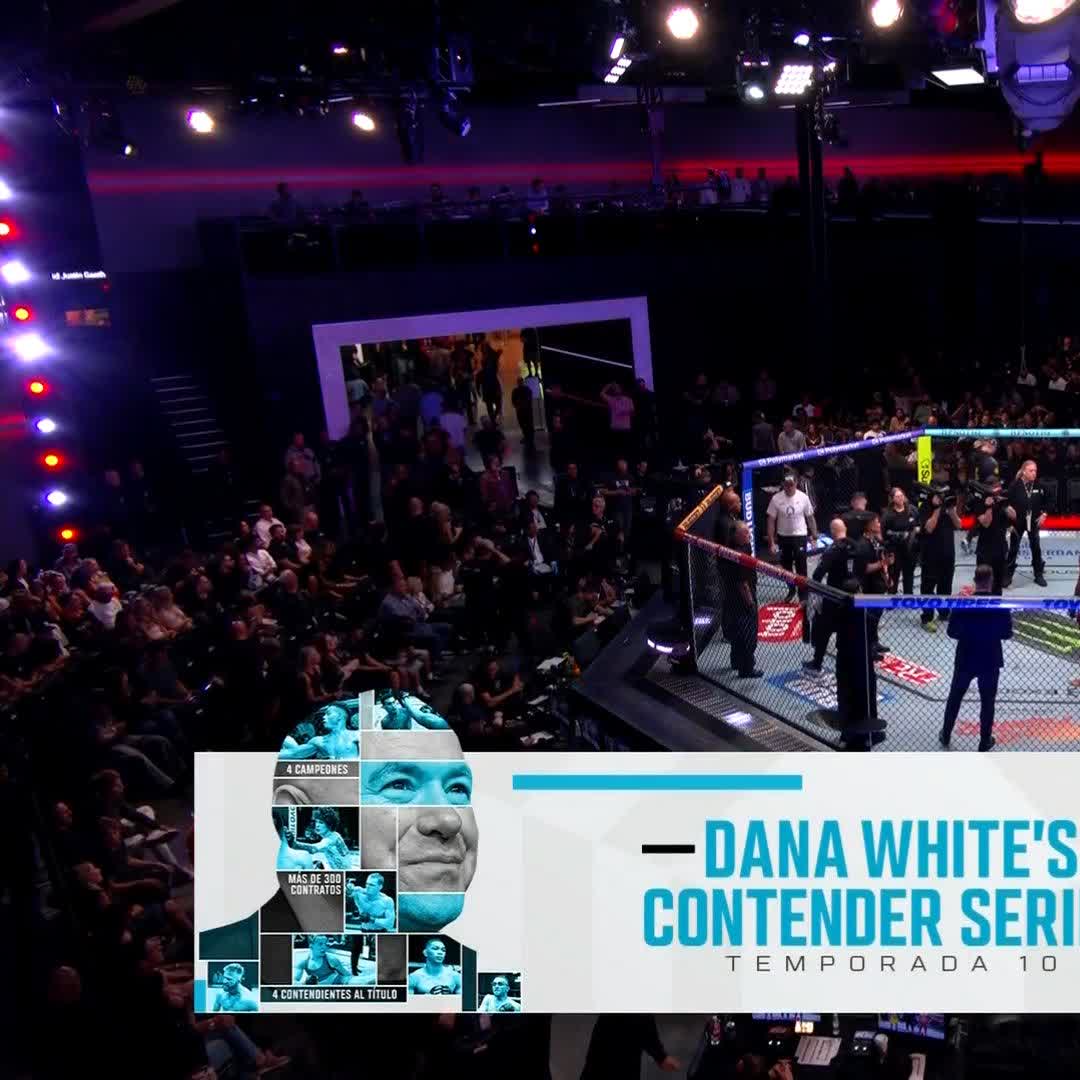 An MMA event scene inside an arena with a cage, audience, and a graphic overlay reading 'DANA WHITE'S CONTENDER SERIES TEMPORADA 10' featuring images of fighters.