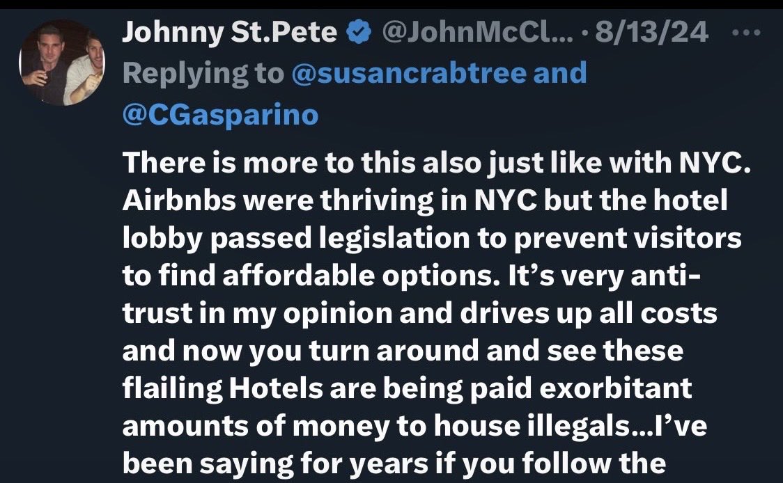 JohnMcCloy's tweet photo. 🔥🤷🏻‍♂️As a former real estate broker in Manhattan for years I’ve been trying to WARN everyone about this FOR YEARS.. 

 The hotel lobby got the airbnb legislation passed in the early 2010s.

It was meant to prevent people from renting out their apartments or homes at competitive prices. 

It’s because hotels had to be competitive for the first time ever and they were getting DESTROYED.

I had a group that leased 20 of our units and I assure you the prices were nowhere near this. What the hotel lobby created was NON FREE MARKET HOTELS RATES.

If you get caught renting your apartment the fines are in the 10S OF THOUSANDS. 

We also have NYers were paying for immigrants to live in dilapidated hotels that previously were never full at prices they could never dream of getting in a million years…

The rent freezes did NOT impact free market apartments and we still have the projects … which take up thousands of federally subsided units and BREED CRIME. 

I assure you many people are getting very wealthy off of the taxpayers. I said years ago investing WHICH SHITTY HOTELS are Democrat donors or cronys that were getting 600+ a night + rook service for run down defunct hotels.

It’s unsustainable and will continue to ruin Manhattan and cause the exodus we are seeing.