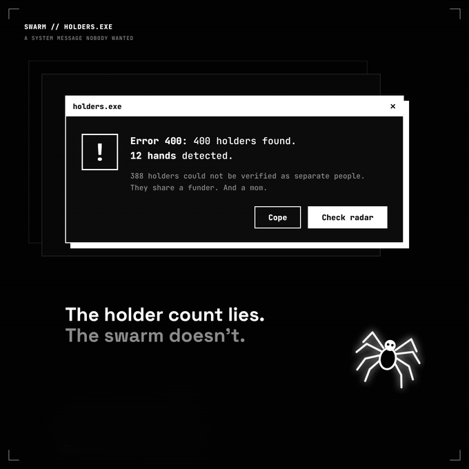 SWARMENGINE_x's tweet photo. holders.exe has stopped pretending.

400 holders. 12 hands.
[Cope] or [Check radar]? https://t.co/LdFxW5344D
