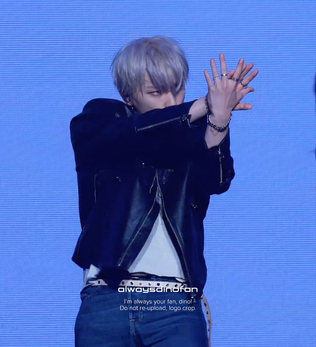 A concert photo of a K-pop performer with silver/lavender hair wearing a black leather jacket, posing with his hand raised against a blue LED background, watermarked 'alwaysdino8fan'.