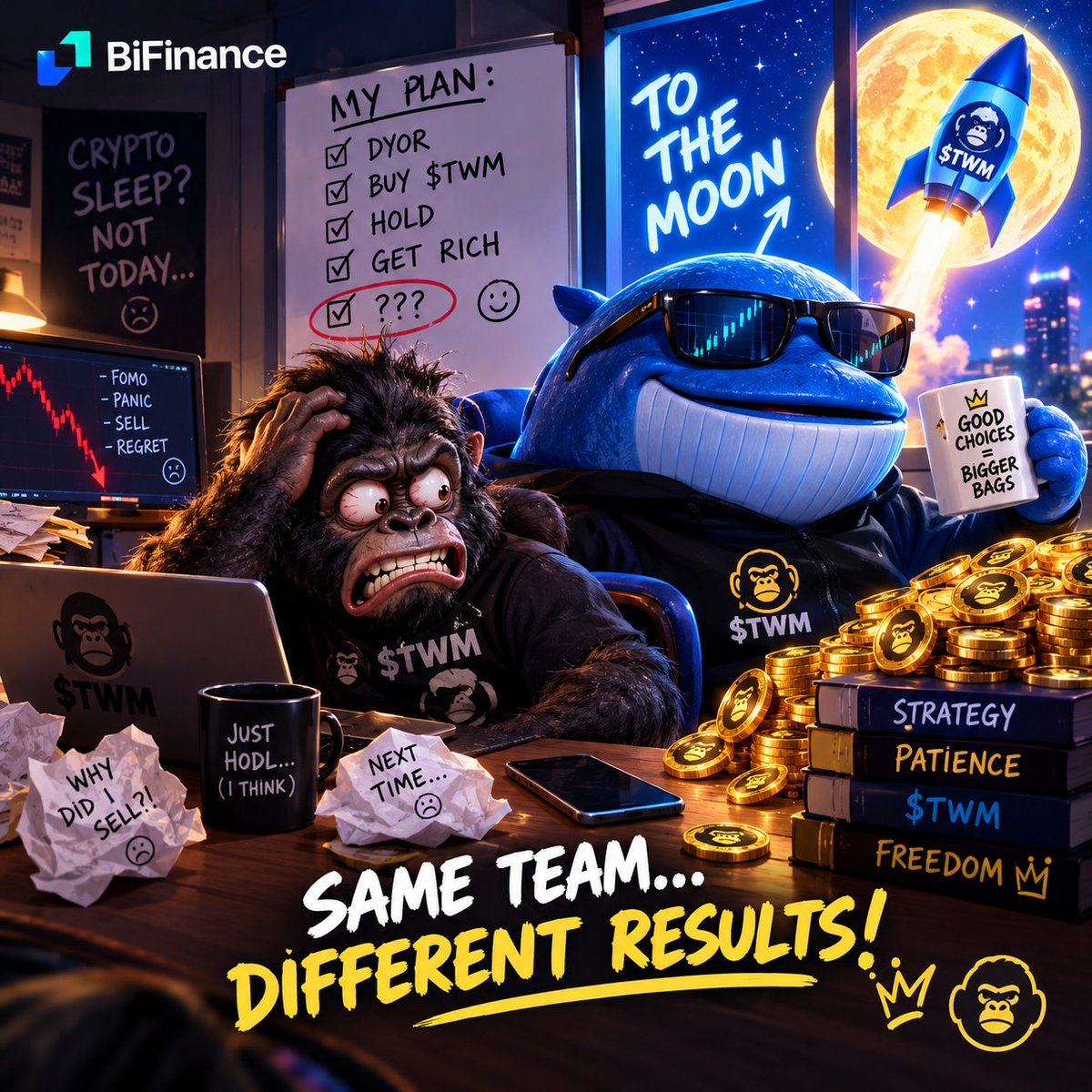 DergaliDanni's tweet photo. 🐋🦍 Same team, different results! 😂🚀

One panics, the other plays smart. Who will you be when $TWM takes off? 🌕🔥

#TWMeme #TWM #TheWhaleMonkey @BiFinanceEx https://t.co/4Bj6UlVL7g