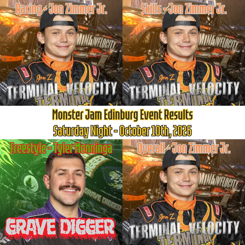 WildSideDom's tweet photo. Monster Jam Edinburg Event Results (Saturday Night) #MonsterJam

Racing: Jon Zimmer Jr.
Skills: Jon Zimmer Jr.
Freestyle: Tyler Menninga
Overall: Jon Zimmer Jr. https://t.co/ECio5u5zUB