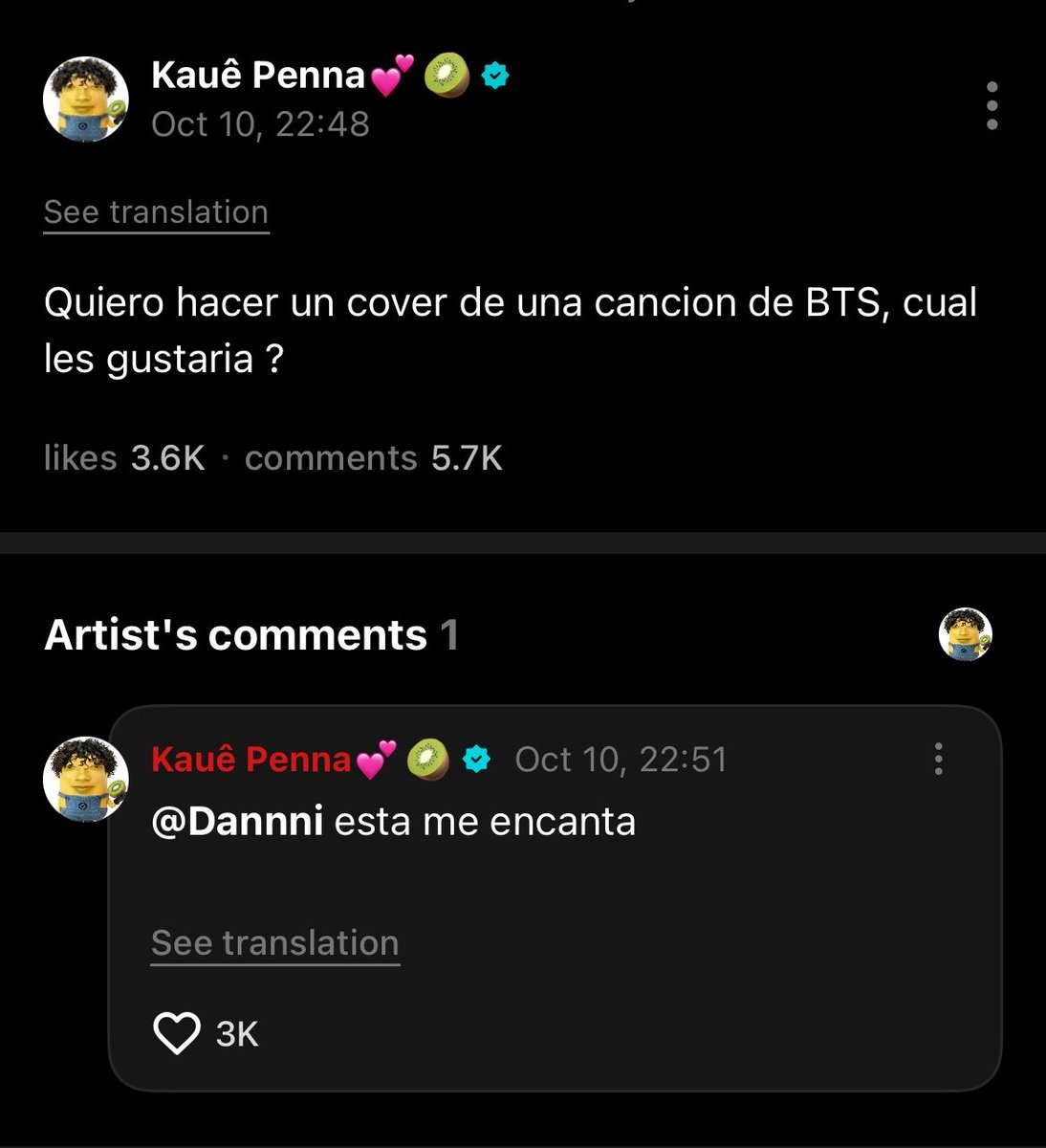 kauepennabr's tweet photo. Kauê via weverse!

🥝: Quero fazer um cover de uma música do BTS, qual vocês gostariam?

💬: Super Tuna 🥺🫰

🥝: essa eu adoro 

#santosbravos https://t.co/htdwtlgQGm