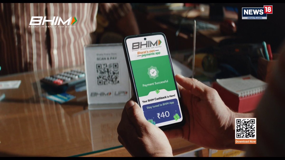 The image shows a person holding a smartphone displaying a successful BHIM payment of ₹40, with a QR code stand and BHIM branding visible on a counter, alongside the News18 logo and a "Download Now" QR code. There appears to be no direct relevance between this image, which depicts a digital payment transaction, and the accompanying post about political tensions and sexual assault allegations.