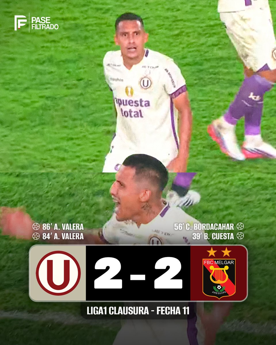 pasefiltradope's tweet photo. QUÉ REACCIÓN DE LA 'U': Universitario lo perdía como local hasta el minuto 84 ante FBC Melgar, pero apareció su goleador: ÁLEX VALERA y un tremendo doblete de cabeza para rescatar un punto y seguir con vida en el Clausura. 💥 🔴🟡 🤯 https://t.co/FQiuRKGRZZ
