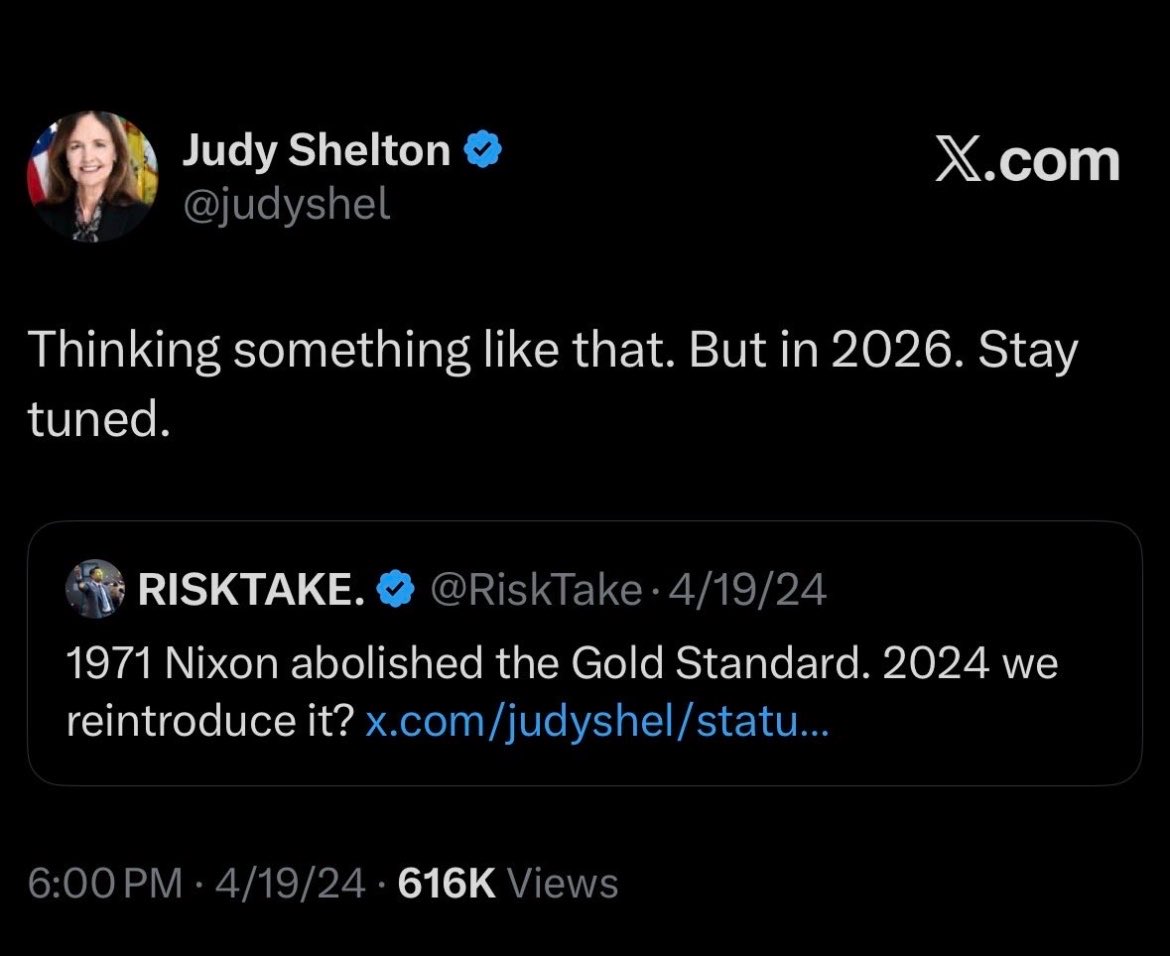 Aurelio53_'s tweet photo. Judy Shelton just got appointed as senior advisor to the treasury.

She wants to reintroduce the gold standard.

The US Treasury department is teeming with gold bugs. https://t.co/YT1cG8qGDK