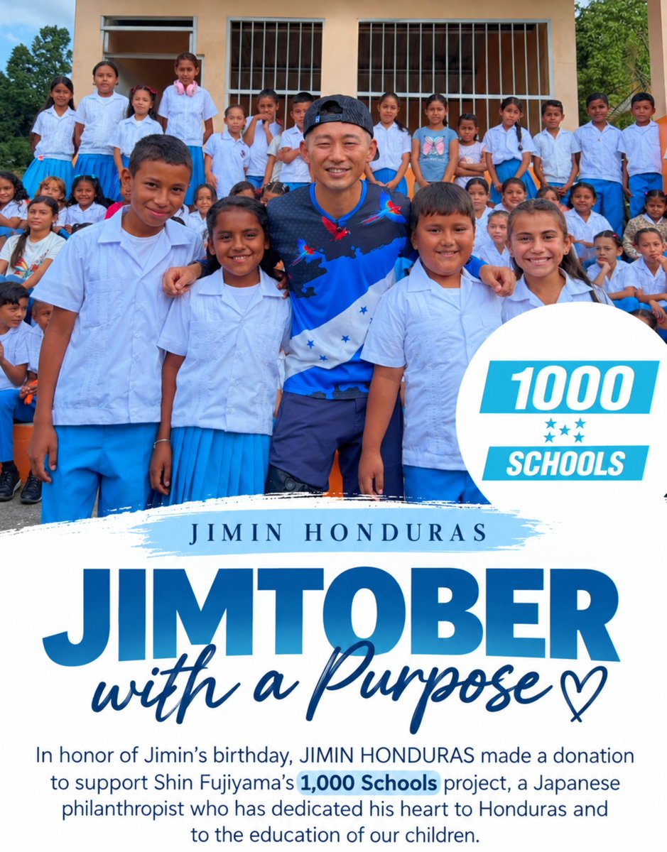 JiminHonduras13's tweet photo. Este #JIMTOBER celebramos la vida de Jimin transformando nuestro amor por él en acciones que dejan huella. 

JIMIN HONDURAS, realizó una donación al proyecto de 1000 escuelas de #ShinFujiyama un filántropo de origen Japonés que ha dedicado su corazón a la educación en Honduras. https://t.co/brSY2qi5P7
