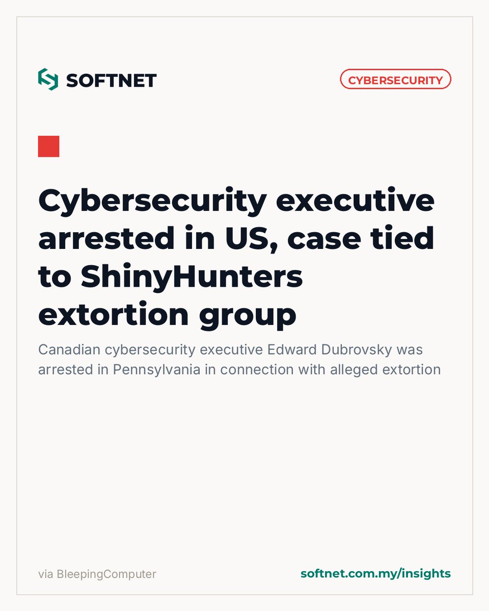 softnet's tweet photo. 🚨 CYBER: Cybersecurity executive arrested in US, case tied to ShinyHunters extortion group

https://t.co/UtOZ9pvUkV
#Cybersecurity #InfoSec #SOFTNET https://t.co/LsbBJZqXG1