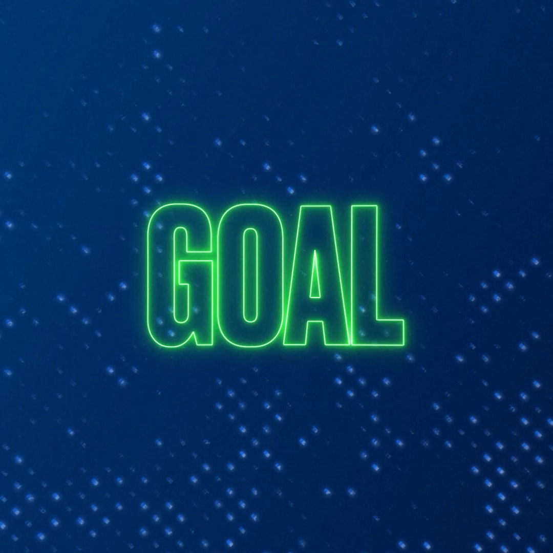A neon green "GOAL" sign glowing against a dark blue starry background.