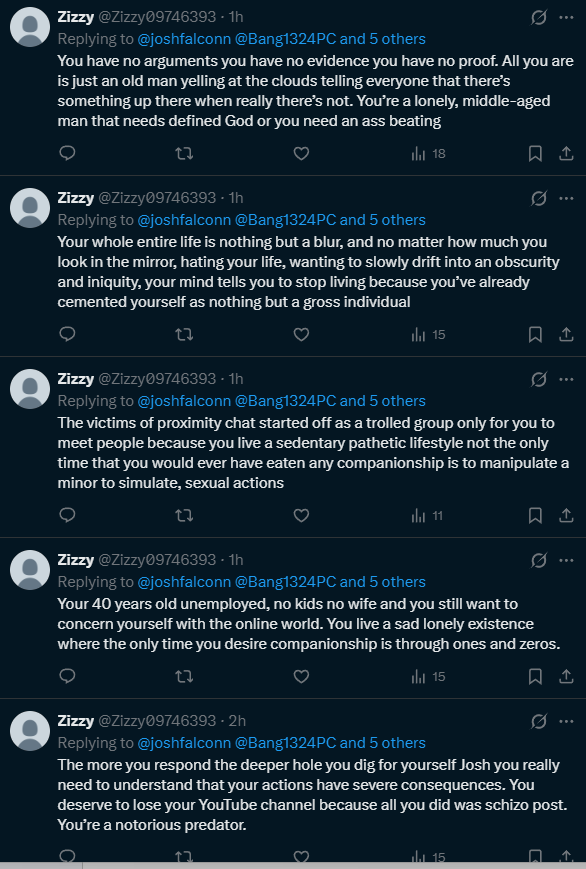 joshfalconn's tweet photo. @Zizzy09746393 @Bang1324PC @UrghBIa @VRChat @YouTube @Alinity @pewdiepie This is what schizo posting actually looks like. You have nothing better to do than write paragraphs to some idiot on the internet 🤣 https://t.co/bhhVpqoaVt