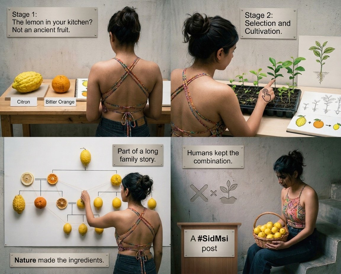 Tweet2Sid's tweet photo. So the lemon in your
kitchen is not simply
an unchanged ancient fruit.

It is part of a long
family story of
crossing, selection
and cultivation.

Nature made the ingredients.

Humans helped keep
the combination.

✍️🏼🎨🖌

[ #SidMsi | #Oct2026Post | #Then2Now ] https://t.co/ACEFptTMxm