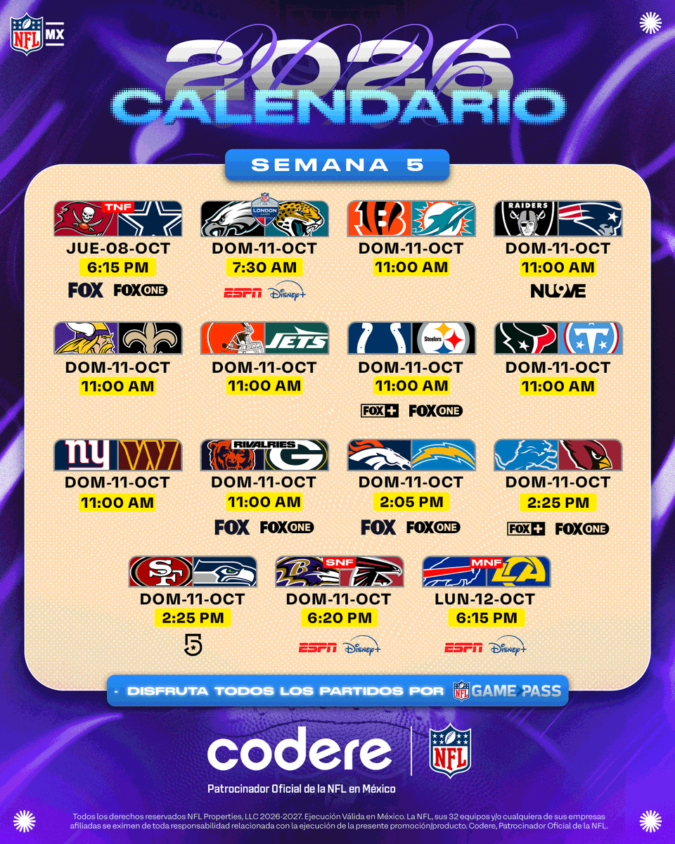 PabloViruega's tweet photo. Semana 5 #NFL @nflmx https://t.co/snFpKnrHvW