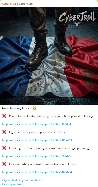 tired52510's tweet photo. 🚨🇫🇷DDOS ALERT

CyberTroll  team targeted websites in France.
* Controller General of Places of Deprivation of Liberty
* National Agency for the Fight Against Illiteracy
* High Commission for Strategy and Planning
#cybertrollteam
#ddos
#france 
#cyberattack
#cybersecurity https://t.co/3kOSnsTzk8