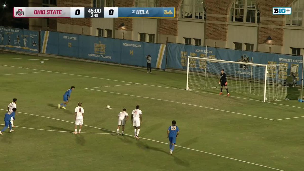 A soccer match broadcast on Big Ten Network shows a penalty kick situation at halftime (45:00) with Ohio State tied 0-0 against UCLA in the 2nd period.