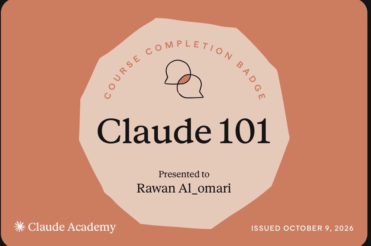 RawanCS7's tweet photo. أنهيت دورتين من Claude Academy ✨

• Claude 101
• Building Effective Human-Agent Teams

تجربة أضافت لي فهمًا أعمق لقدرات Claude، وأهمية التعاون بين الإنسان وAI Agents لبناء أنظمة أكثر ف��الية.

مستمرة في التعلّم واستكشاف عالم الـAI 🚀 https://t.co/USxIviOnkC