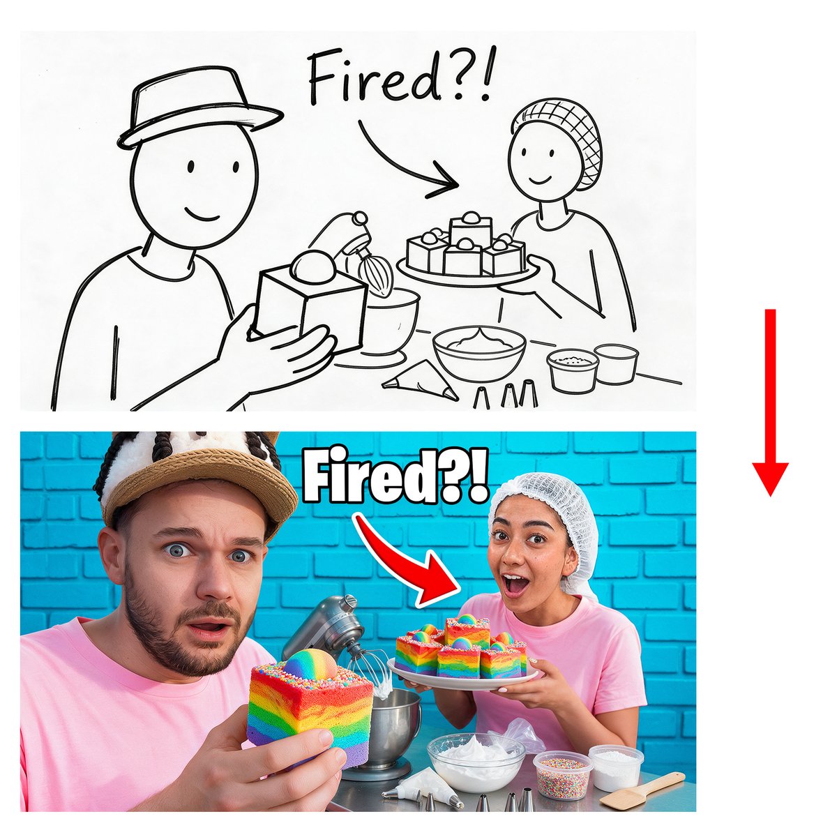 DimkoThumbnails's tweet photo. Sketch → final.

I built the idea around one clear hook: “Fired?!” The expressions, arrow and colorful cakes help tell the story at a glance.

I teach how to create thumbnails and pair them with titles for stronger CTR. 10+ students have already joined. DM me “TRAINING” https://t.co/9tlDuc5acz