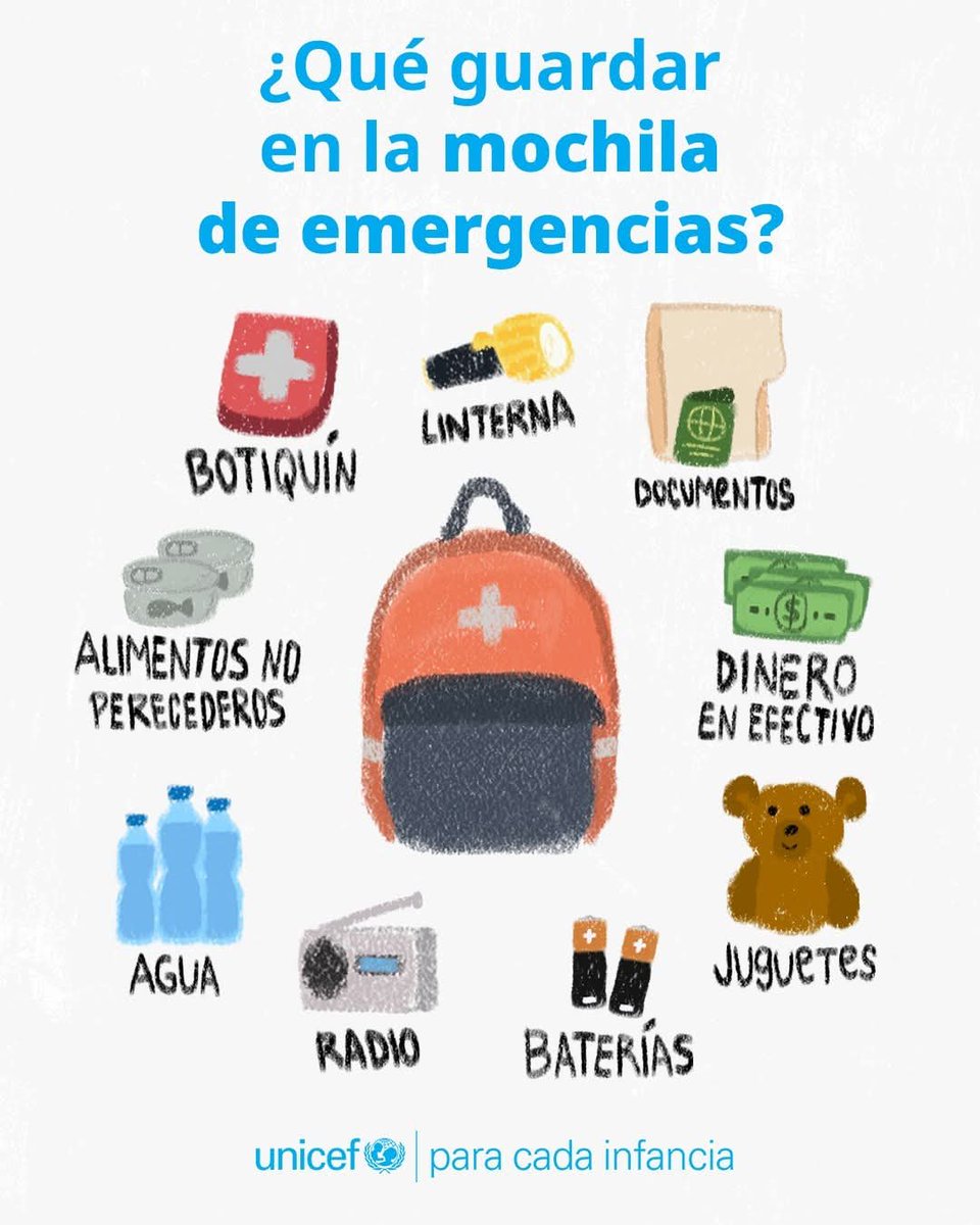 UNICEFMexico's tweet photo. Una mochila de emergencia puede marcar la diferencia durante un huracán.
Incluye agua, alimentos no perecederos, botiquín, documentos importantes, linterna, radio, baterías y dinero en efectivo. Si hay niñas y niños en casa, agrega también un juguete que les brinde tranquilidad. https://t.co/vd5N4Fxpb3